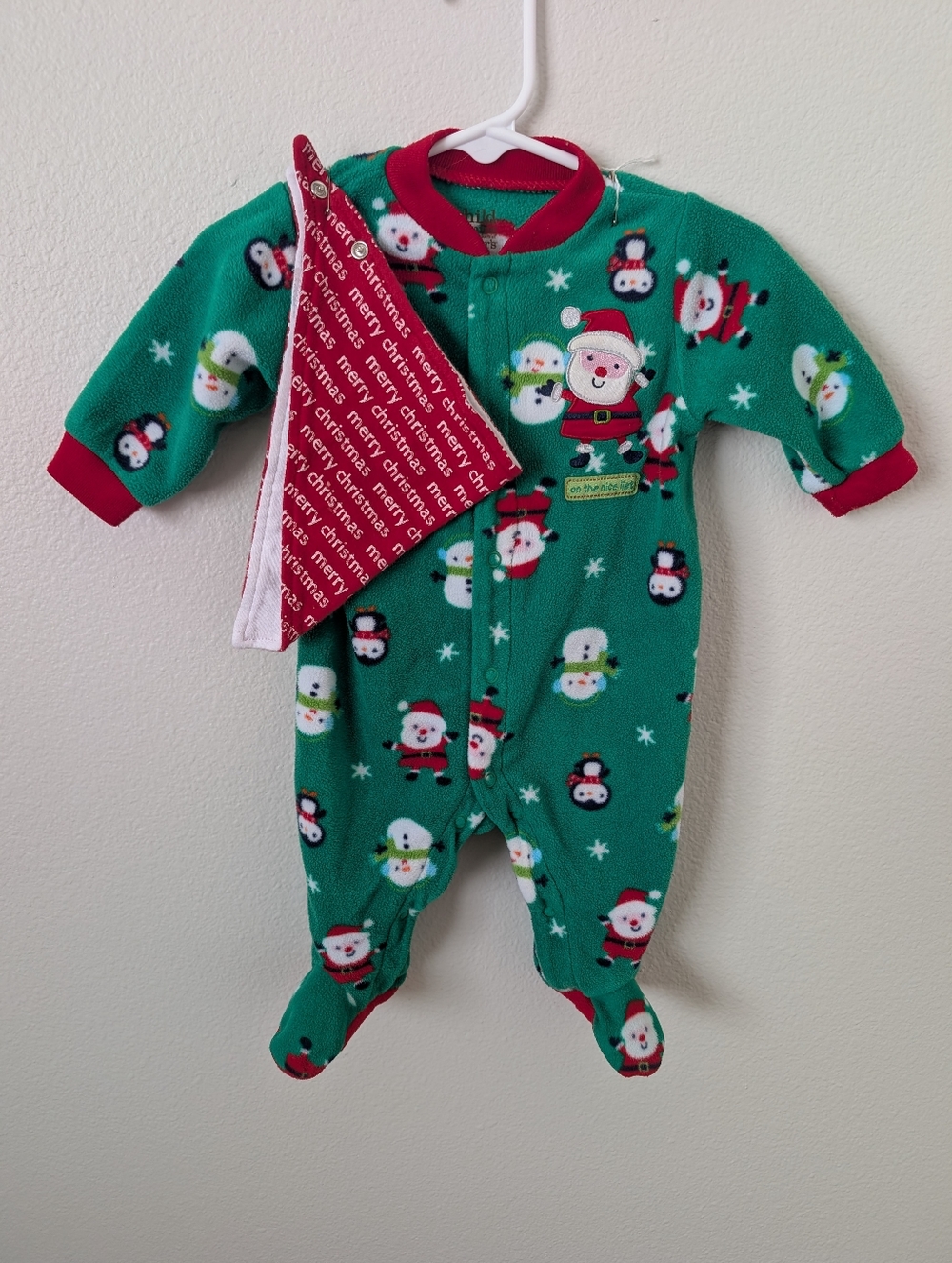 Green Holiday Baby Footed One-Piece with Red Trim